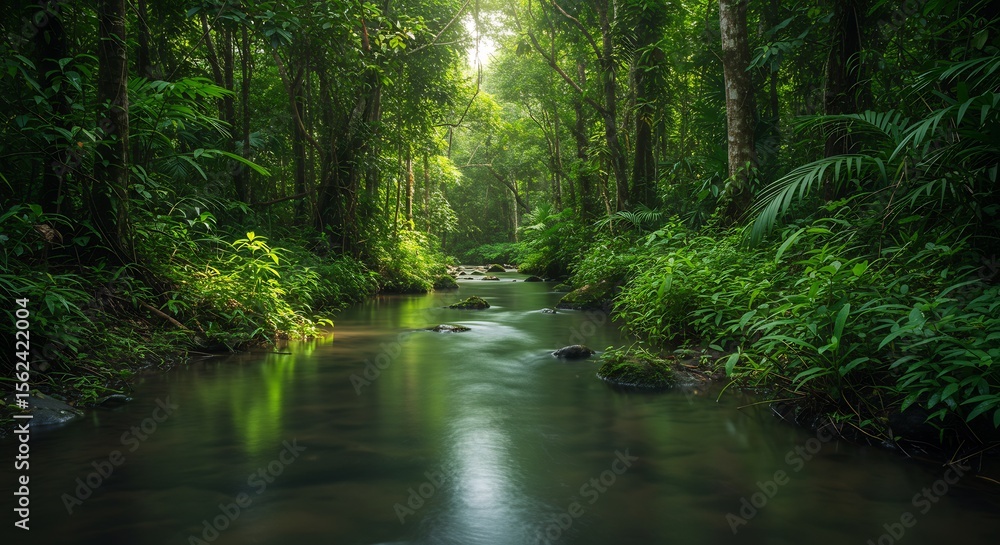 Fototapeta premium Serene Stream Flowing Through Lush Green Rainforest Canopy, Long Exposure