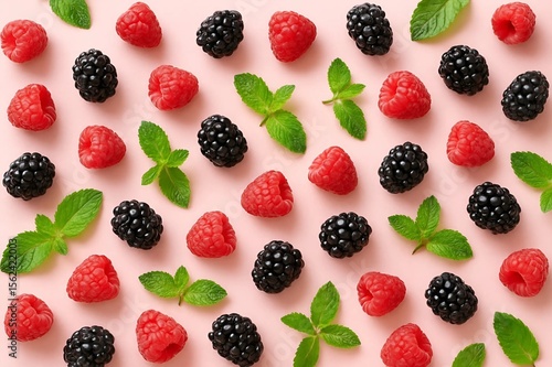 Pink background with berries - raspberries and blackberries