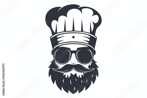 Stylish chef with a mustache is wearing sunglasses and a tall toque for cooking