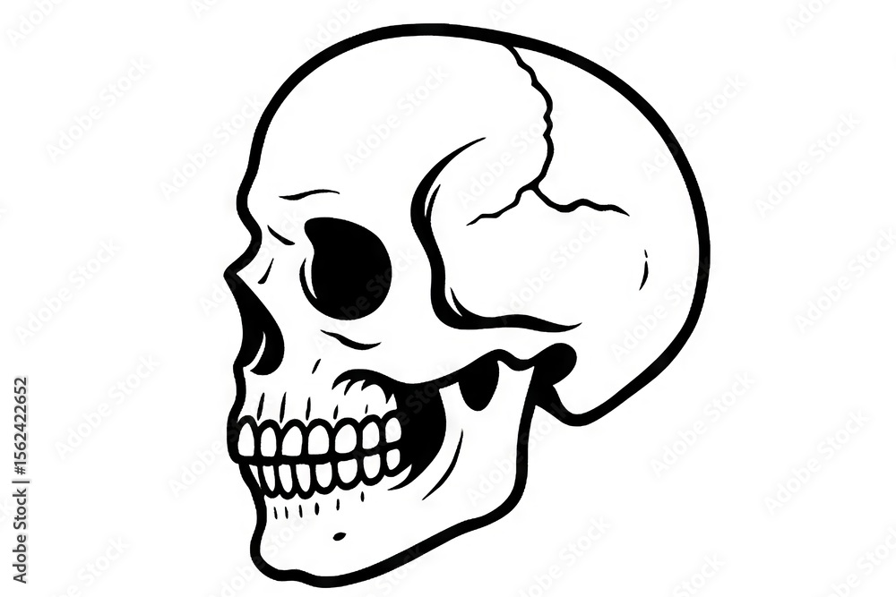 Fototapeta premium outline Illustration of human skull in profile view with detailed features on a white background. concept of anatomy study, human bones, skeletal structure, minimalist sketch, Halloween decor