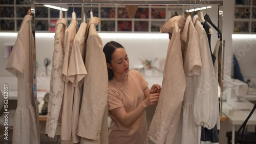 Focused female tailor selecting clothes hanging on rack in bright modern sewing workshop, surrounded by colorful spools of thread and professional sewing machines. Concept of garment manufacturing.