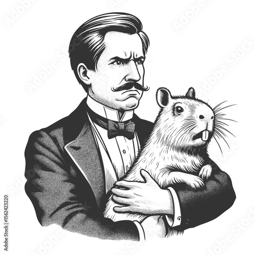 man in a tuxedo holding a calm capybara sketch engraving generative ai fictional character vector illustration. Scratch board imitation. Black and white image.