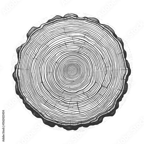 tree trunk cross section showing growth rings sketch engraving generative ai fictional character vector illustration. Scratch board imitation. Black and white image.