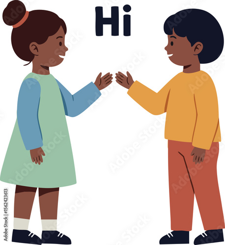 Children greeting each other with hi gesture in casual clothes vector illustration 