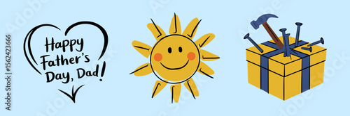 Minimal Father’s Day art with handwritten note, kid’s sun drawing, and gift box with hammer – Perfect for parenting blogs, DIY gift guides, or heartfelt campaigns.