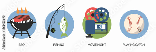 Flat icon set of Father's Day family activities – Great for greeting cards, gift guides, or celebration-themed graphics