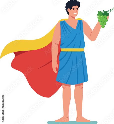 Man in blue toga with yellow and red cape holding green grapes vector illustration 