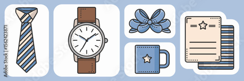 Icon collage of Father's Day gift ideas on light blue background – Great for ecommerce banners, blog graphics, or themed merchandising