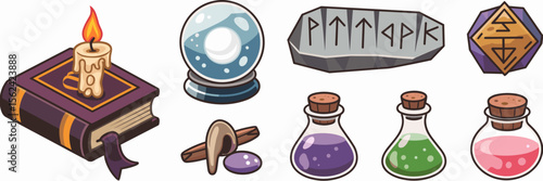 Vector icon set of witchcraft items including spell book, crystal ball, and runes – Perfect for magic-themed content, fantasy apps, or esoteric branding
