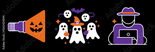 Halloween safety icons with pumpkin flashlight and ghost group – Suitable for kid-friendly campaigns, party signage, or themed safety guides