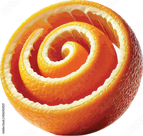 Artistic depiction of a curled orange peel with vibrant colors and detailed textures for design