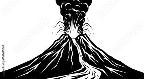 Explosive Volcano Eruption with Smoke and Lava – Bold Black & White Vector Illustration