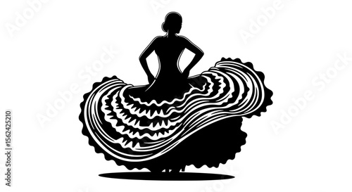 Graceful Flamenco Dancer Silhouette with Flowing Dress – Spanish Dance Vector
