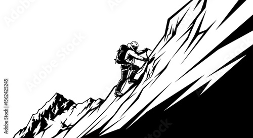 Extreme Mountain Climber Ascending Steep Slope – Dynamic BW Illustration
