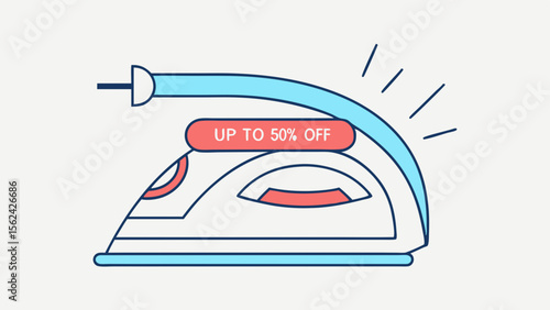 Vector illustration of an iron with discount label, promotional design for household appliances