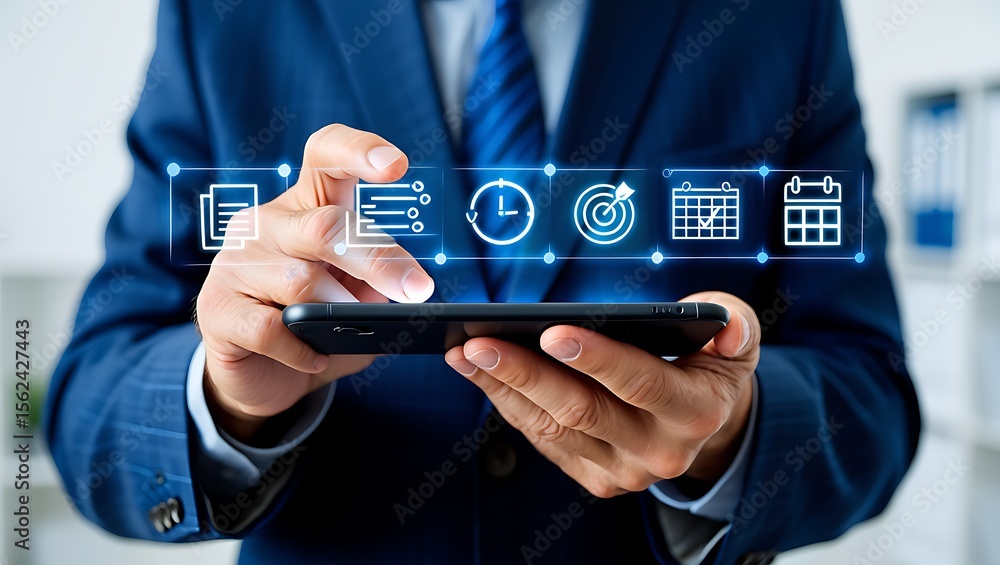 Businessman using smartphone interacting with digital interface of business icons and data Businessman using smartphone interacting with digital interface of business icons and data