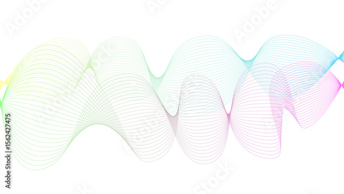 Vector curvy abstract line art wavy flowing dynamic colorful lines white background in concept music or sound, wave, wind, information flow	