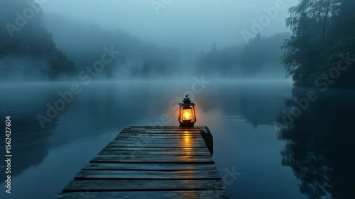 Lakeside pier glows with lantern light in a serene foggy landscape