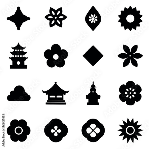 Vector Asian minimalist black icons: flowers, pagodas, geometric shapes.
