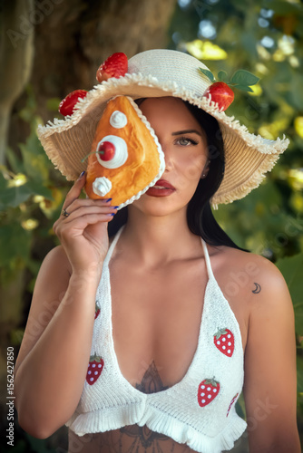 Girl in a hat holding croissant