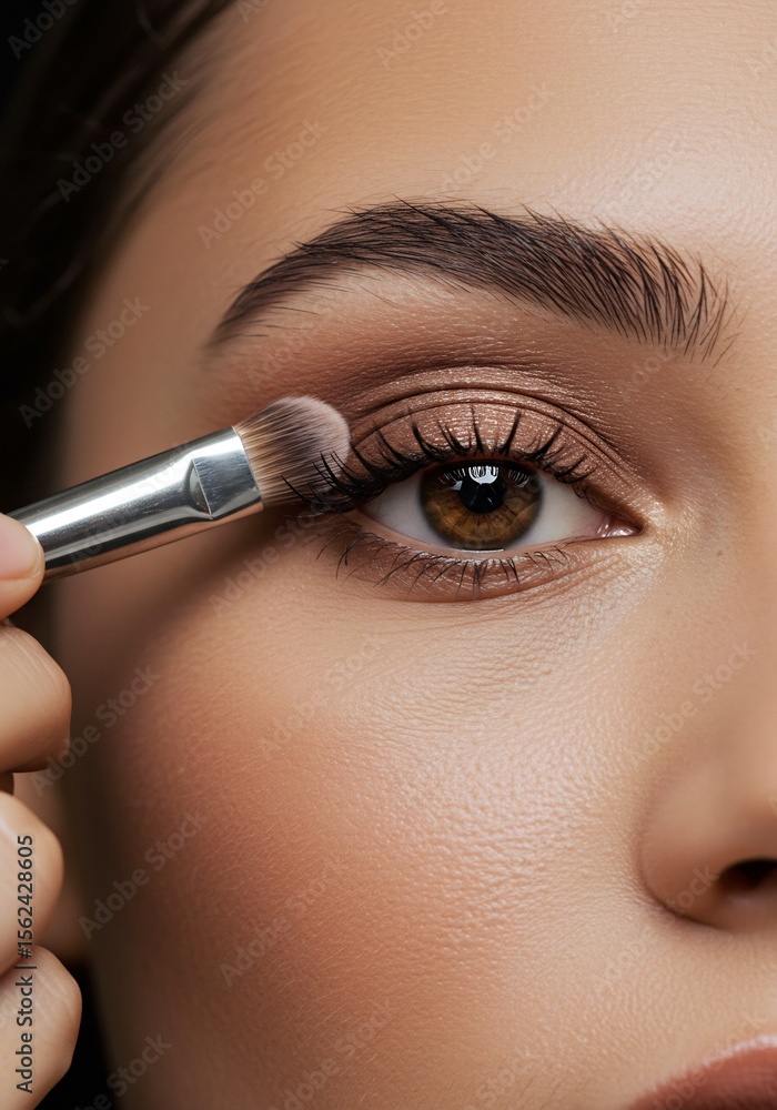 Naklejka premium Close-up of a Woman Applying Eyeshadow with a Brush Achieving a Natural, Effortless Look
