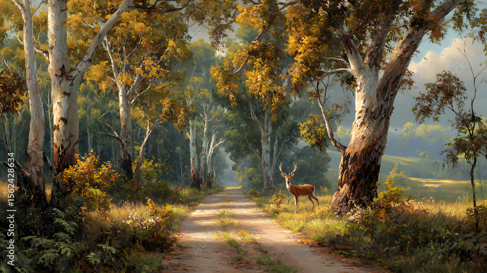 Fototapeta premium Serene woodlands with majestic eucalyptus trees line a rustic path where a deer stands peacefully in the morning light.