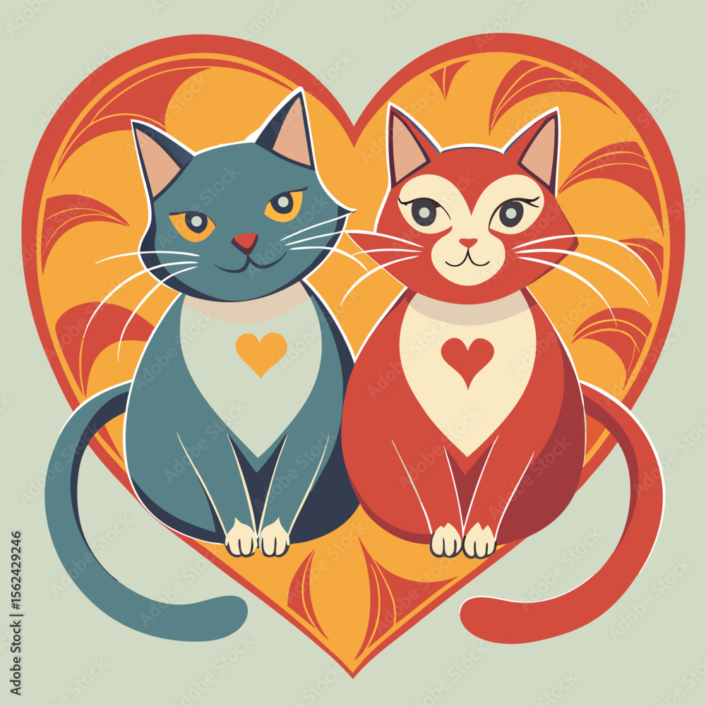Obraz premium Two affectionate cats nestled within a heart shape with intertwined tails isolated on white background isolated on transparent background