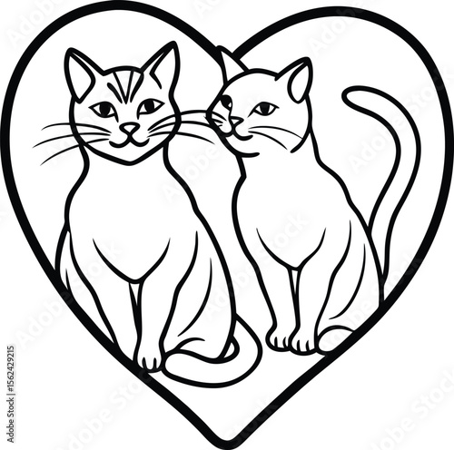 Two adorable cats sitting inside a heart shape with intertwined tails isolated on white background isolated on transparent background