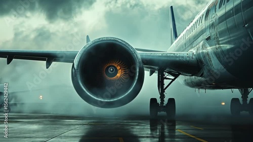 Plane prepares for flight with engines running in atmospheric conditions.