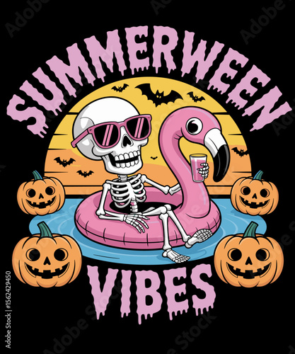 Summerween Vibes Skeleton Flamingo Spooky Halloween Summer