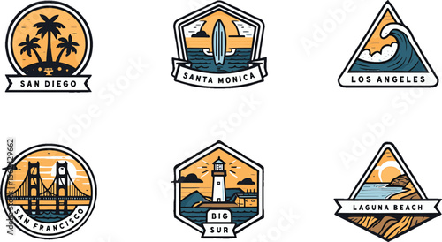 California Coastline Badges San Diego, Santa Monica, Los Angeles, San Francisco, Big Sur, Laguna Beach