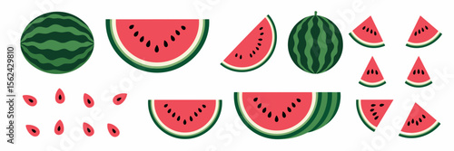 Watermelon icons with seeds in a scattered layout – Suitable for seasonal branding, playful food content, or fruity patterns