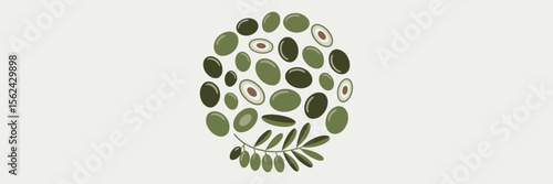 Circular arrangement of green olives and olive branch – Suitable for culinary branding, Mediterranean design, or ingredient visuals