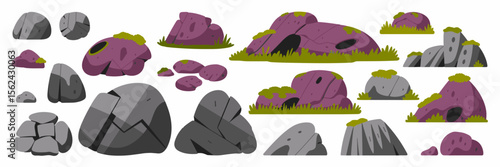 Icon sheet of textured rocks in varied shapes and sizes – Ideal for geology education, digital landscapes, or nature apps