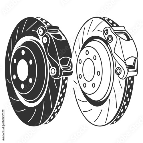 Vector art of two car brake discs with calipers isolated on white background