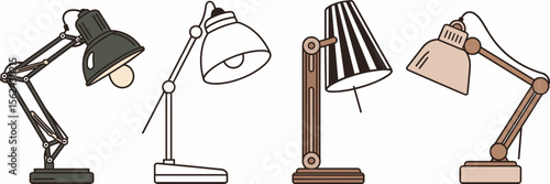 Icon sheet of minimalist desk lamps in classic and modern styles – Ideal for office branding, interior design, or lighting catalogs