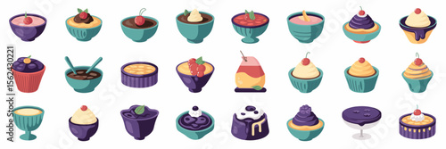 Icon sheet of puddings in various containers with toppings – Ideal for culinary infographics, snack packaging, or food blogs