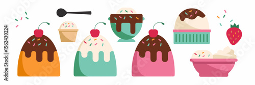 Icon sheet of chocolate, vanilla, and strawberry puddings with toppings – Great for dessert menus, food branding, or sweet treat visuals