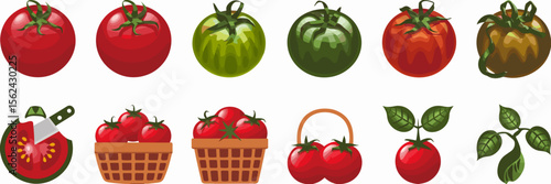 Tomato icon set with basket, cutting scene, and plant – Great for gardening apps, recipe design, or food education