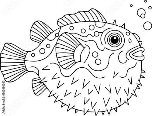 Puffer Fish Illustration Black and White Line Art Vector Graphic Design 
