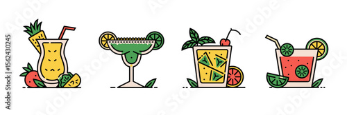 Vector icon sheet of summer cocktails with garnish – Ideal for mixology visuals, summer events, or restaurant marketing
