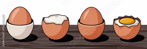 Vector illustration of boiled eggs on wooden surface – Perfect for food education, healthy living content, or cooking tutorials