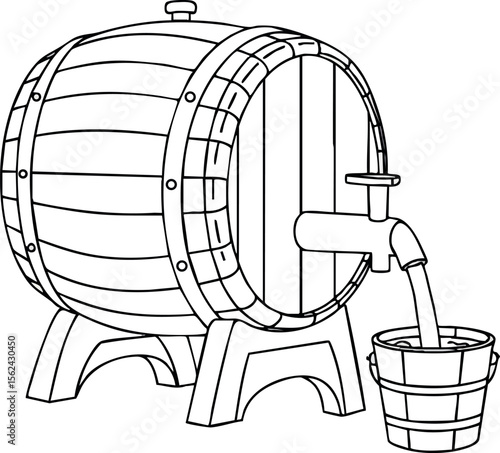 Wooden barrel with spigot pouring liquid into cup vector illustration black and white line art 