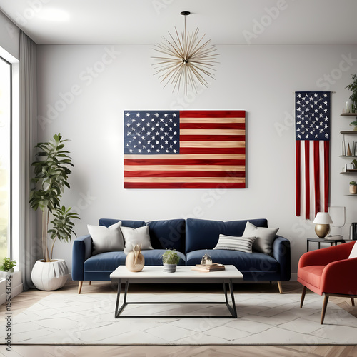 Modern living room with american flag wall art and star-themed decor elements. Happy 4th of July, independence day of USA  