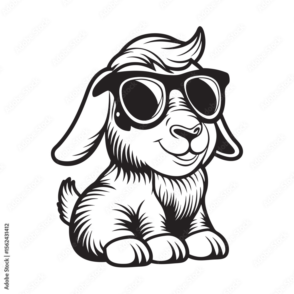 Fototapeta premium Line art shows a cool goat with sunglasses sitting against a white background