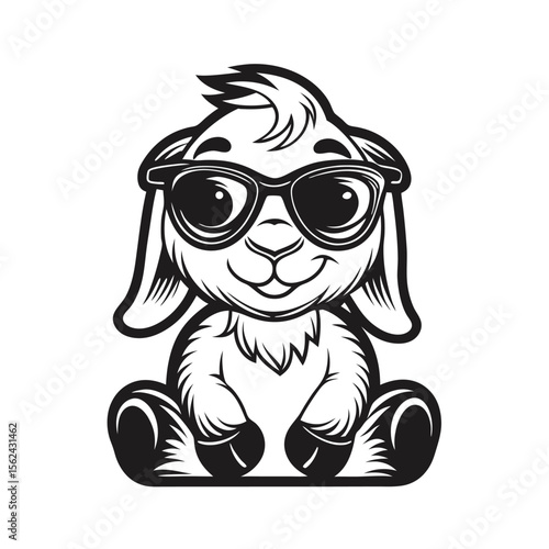 Sitting cartoon ram cheerfully wears modern sunglasses in a monochrome animal portrait
