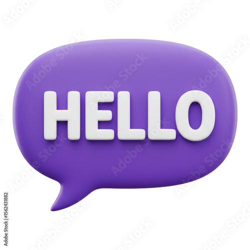 3d purple speech bubble with white text saying hello isolated on transparent background