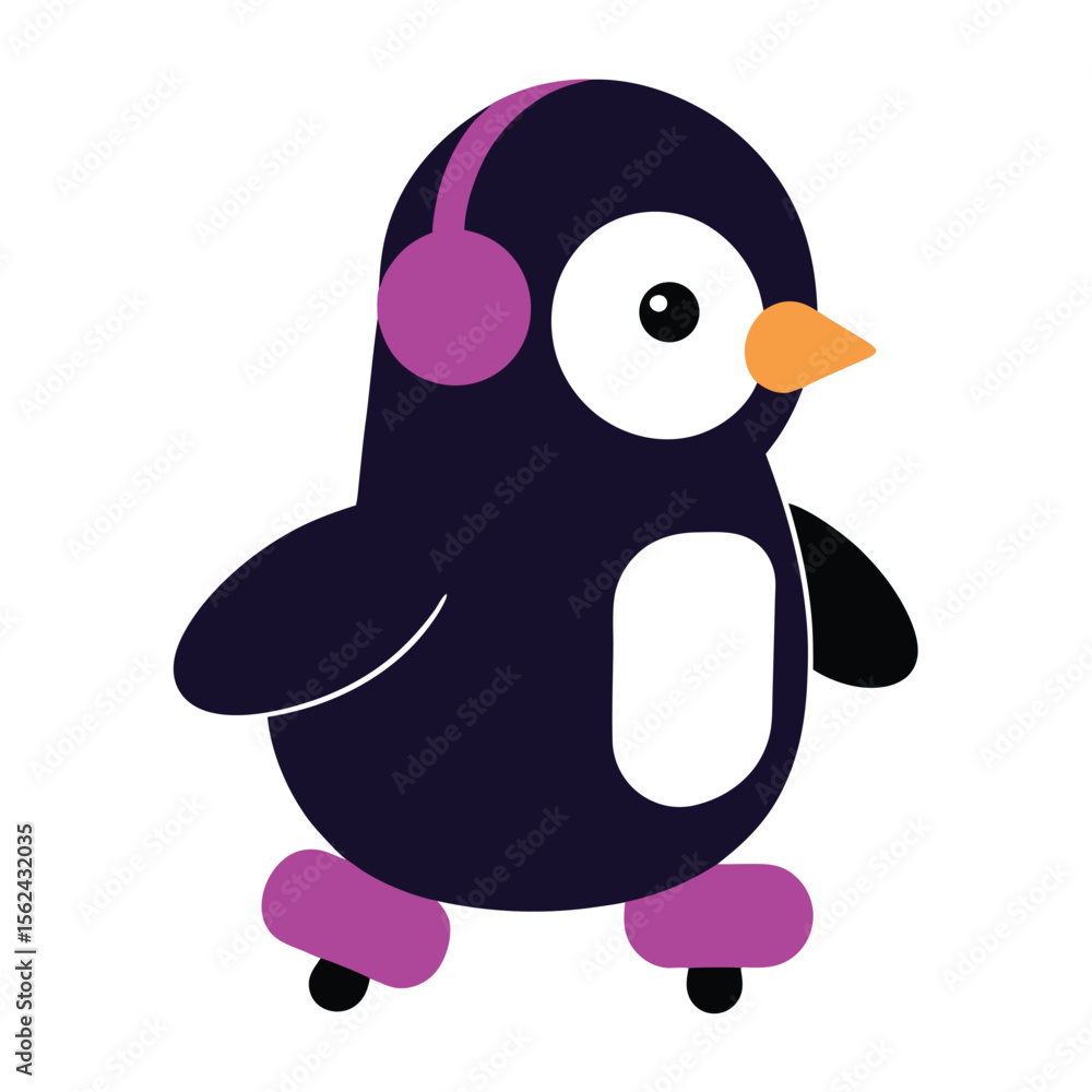 Naklejka premium Charming cartoon penguin enjoying a roller skating adventure with a vibrant pink accessory