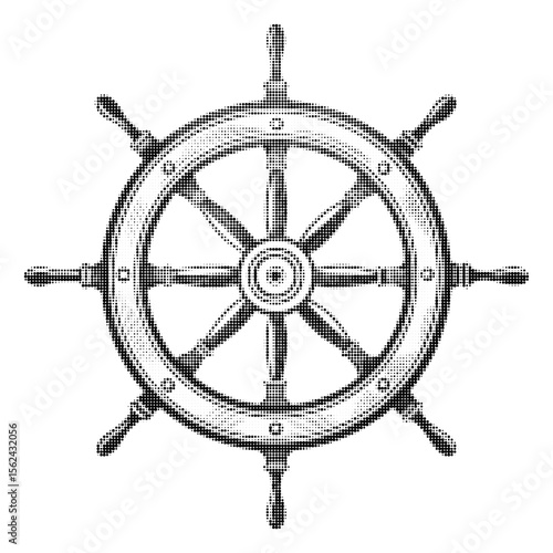 Halftone ship wheel illustration in vintage engraving style, nautical marine helm vector for retro sailing, sea adventure, and maritime design projects