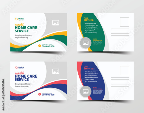 Modern medical postcard template with wavy design, editable layout, and color variations for home care and senior support
